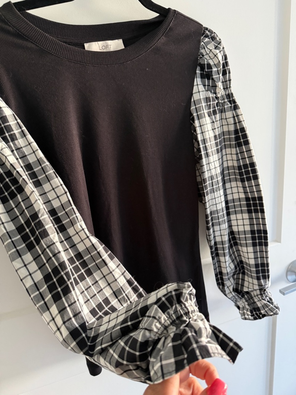 LOFT Black Top with Black and White Plaid Puff Sleeves - Picture 3 of 6